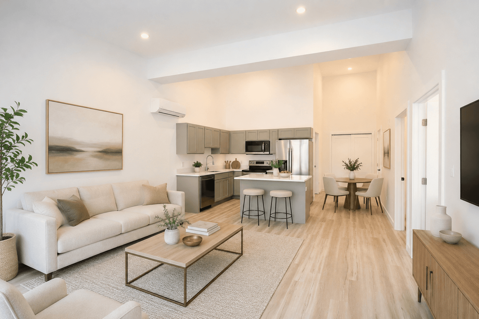 Open-plan Tillson Woods living room with seating, dining area, light wood-tone flooring, and natural light; furnishings are virtually staged.